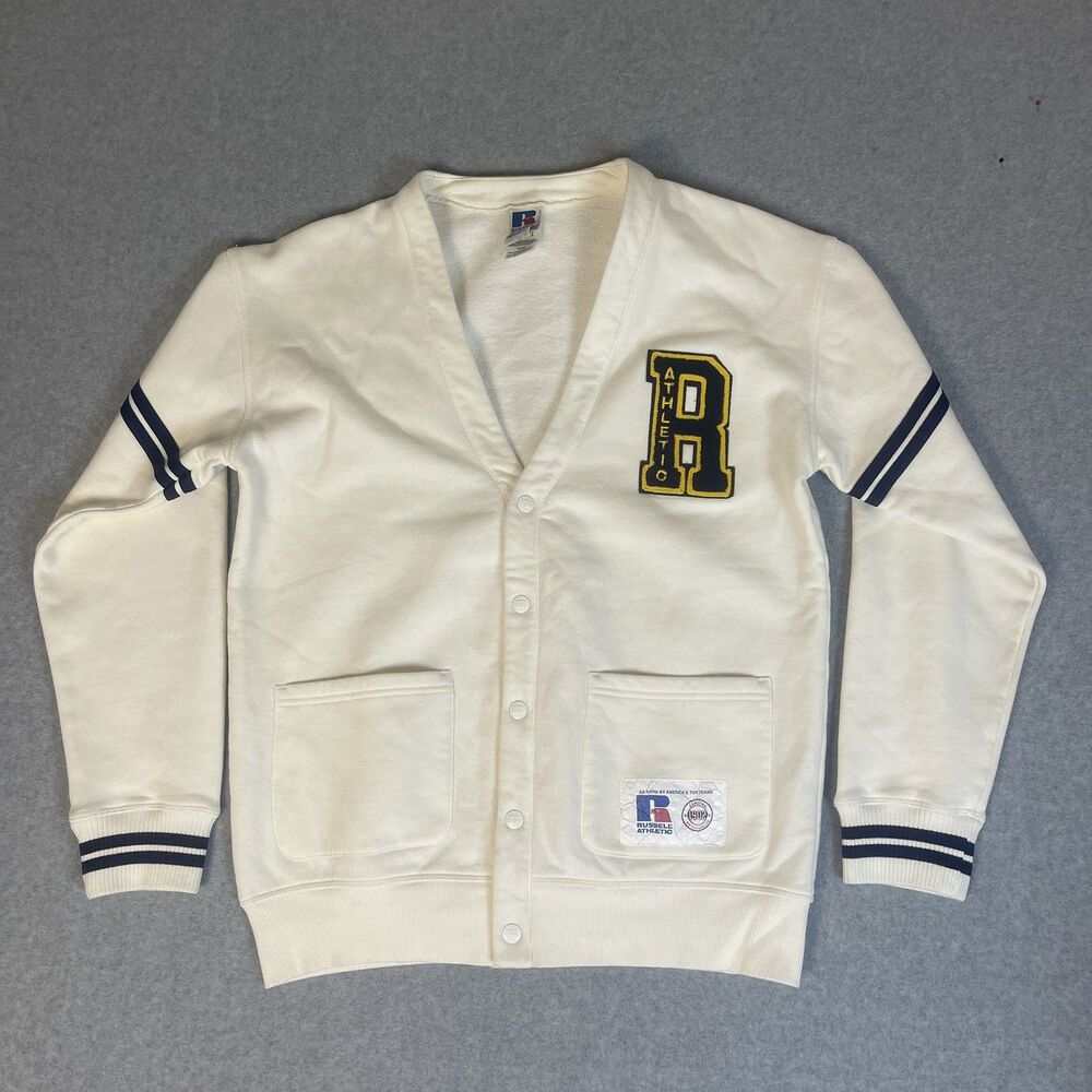 Russell Athletic White Fleece Snap-Front V-Neck Letterman Cardigan